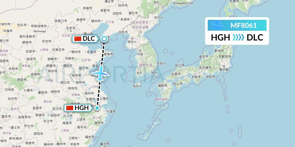 MF8061 Xiamen Airlines Flight Map: Hangzhou to Dalian