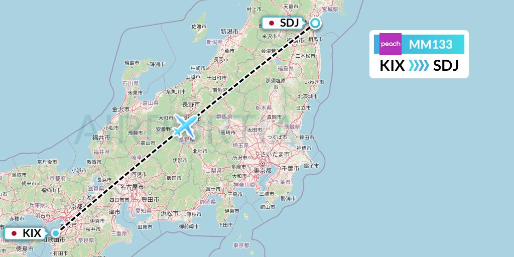 MM133 Peach Aviation Flight Map: Osaka to Sendai