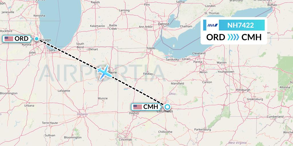 NH7422 All Nippon Airways Flight Map: Chicago to Columbus