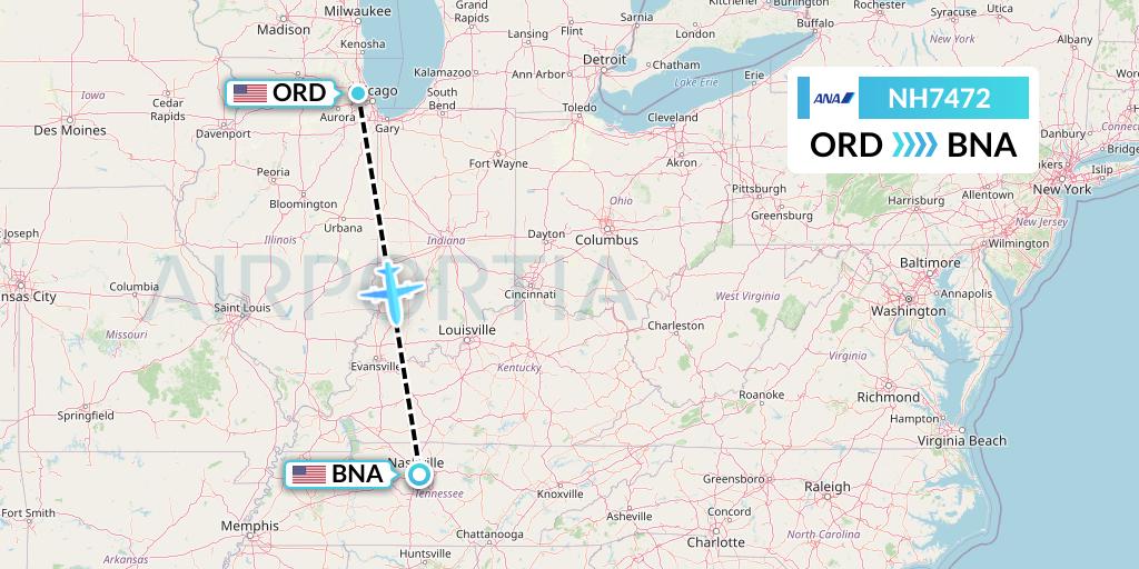 NH7472 All Nippon Airways Flight Map: Chicago to Nashville