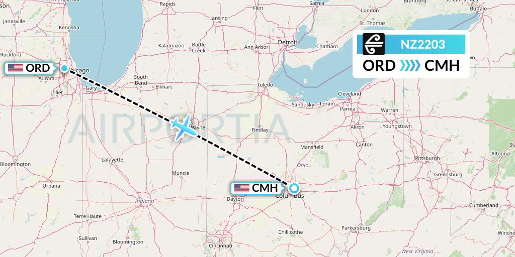NZ2203 Air New Zealand Flight Map: Chicago to Columbus