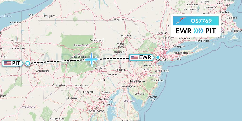 OS7769 Austrian Airlines Flight Map: New York to Pittsburgh
