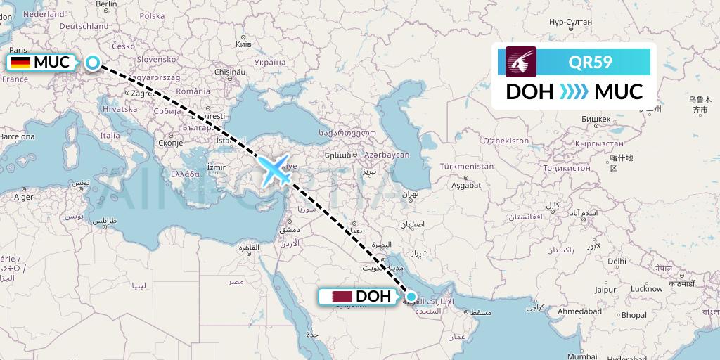 QR59 Qatar Airways Flight Map: Doha to Munich