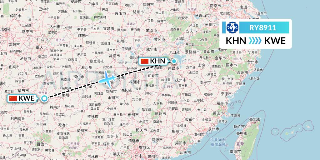 RY8911 Jiangxi Air Flight Map: Nanchang to Guiyang