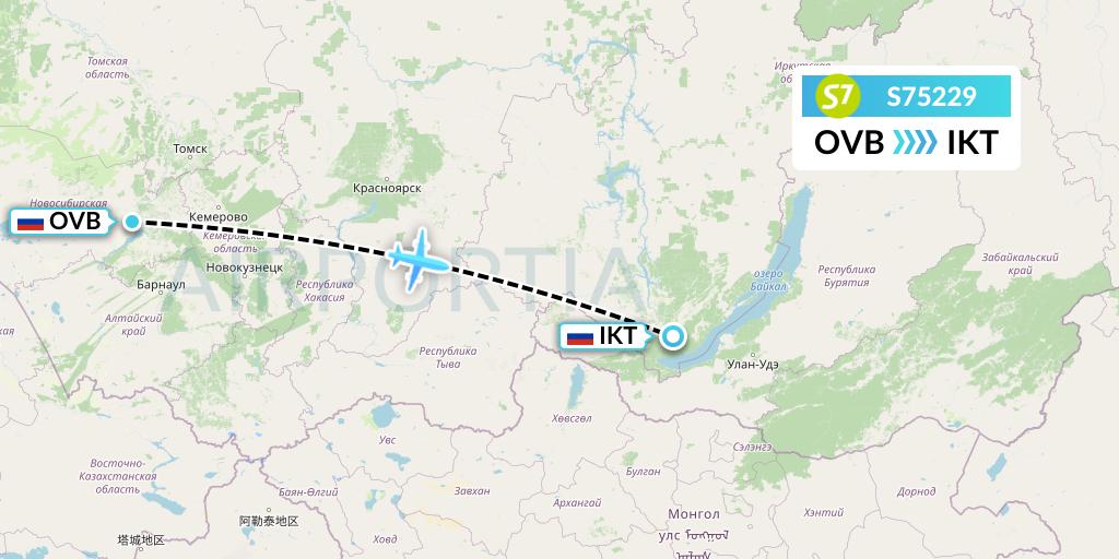 S75229 S7 Airlines Flight Map: Novosibirsk to Irkutsk