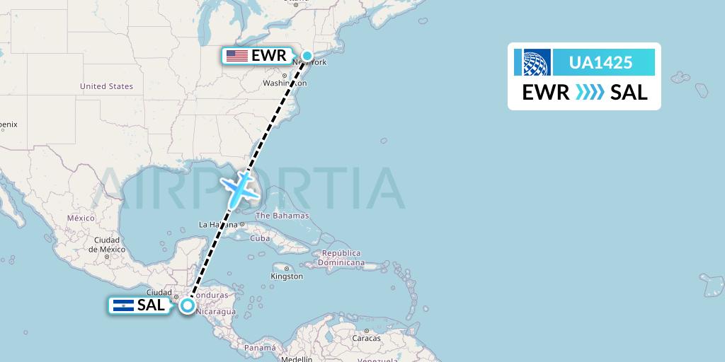UA1425 United Airlines Flight Map: New York to San Salvador