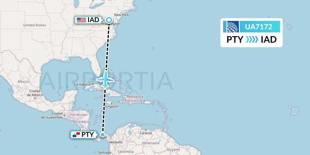 UA7172 United Airlines Flight Map: Panama City to Washington