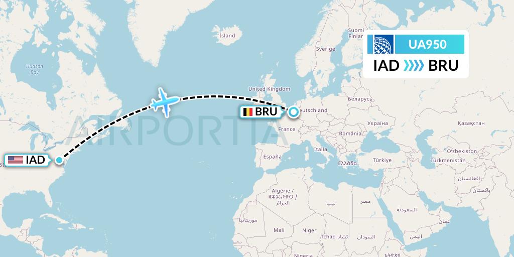 UA950 United Airlines Flight Map: Washington to Brussels