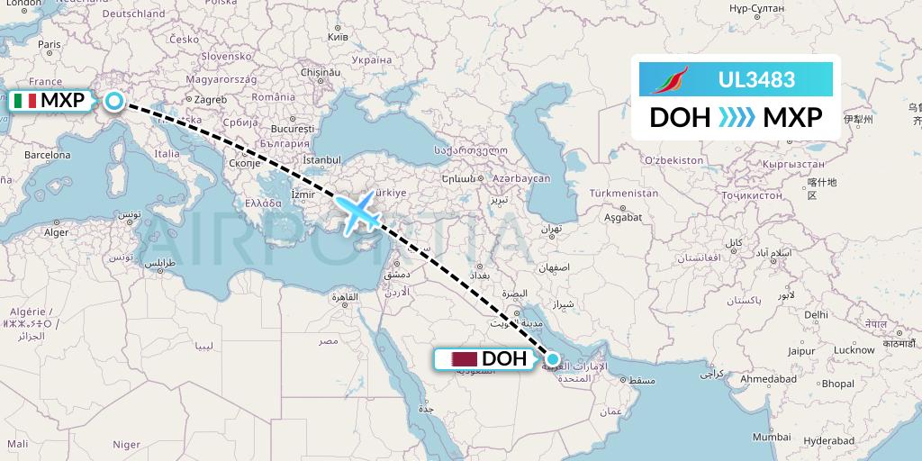 UL3483 SriLankan Airlines Flight Map: Doha to Milan