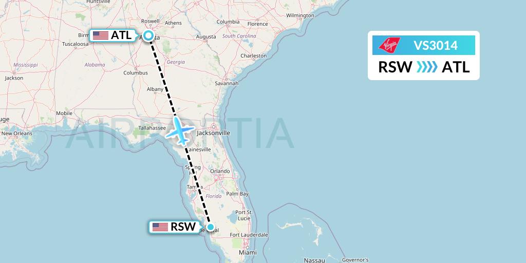 VS3014 Virgin Atlantic Airways Flight Map: Fort Myers to Atlanta