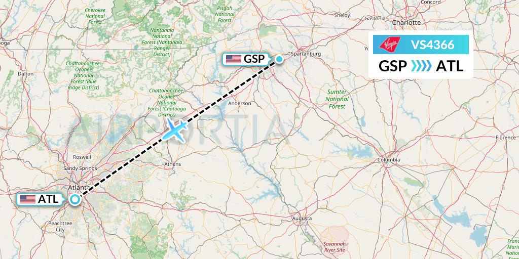 VS4366 Virgin Atlantic Airways Flight Map: Greenville-Spartanburg to Atlanta