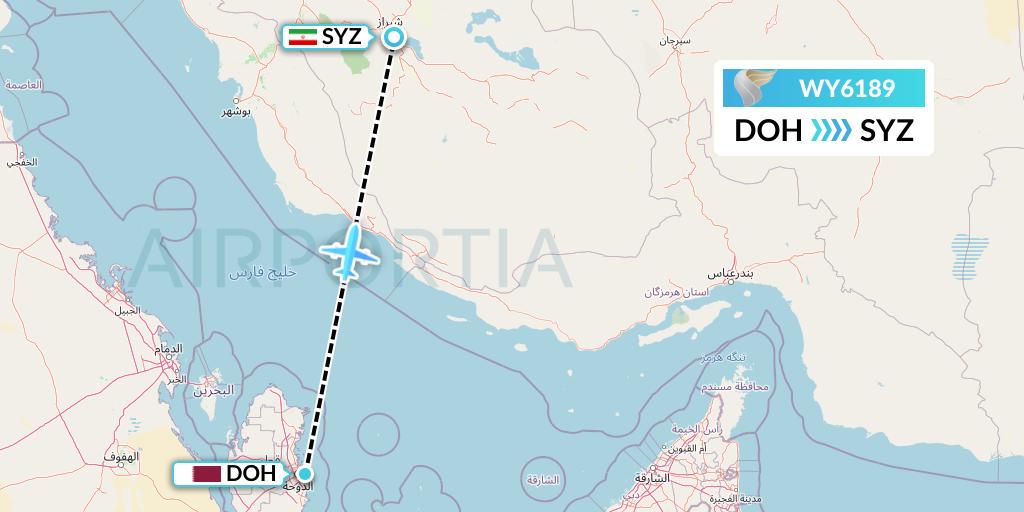 WY6189 Oman Air Flight Map: Doha to Shiraz