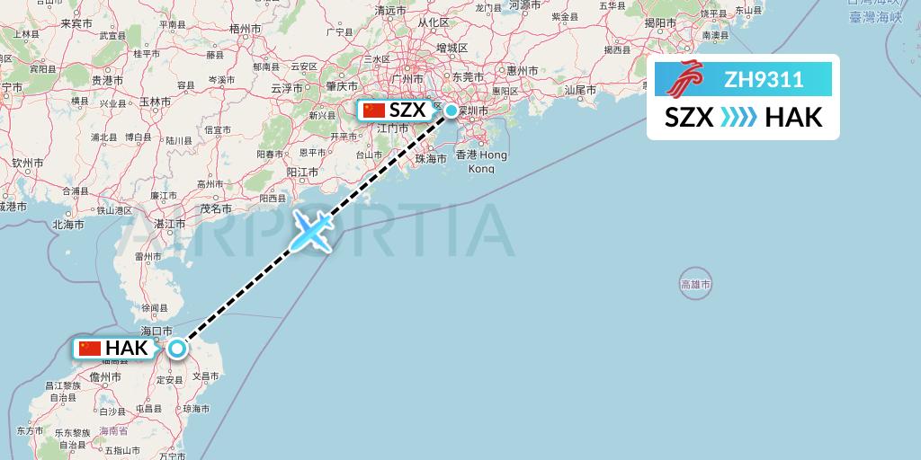 ZH9311 Shenzhen Airlines Flight Map: Shenzhen to Haikou