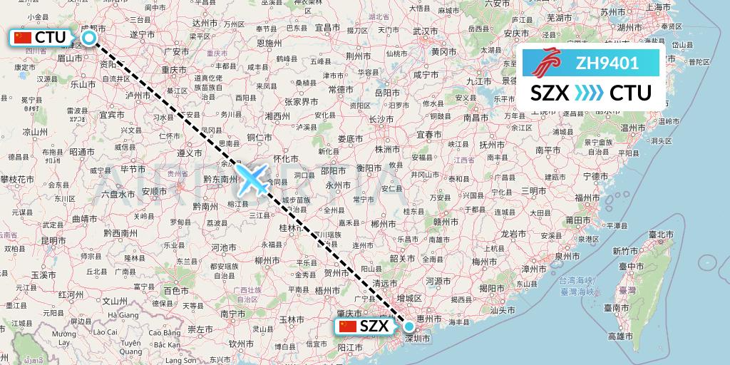 ZH9401 Shenzhen Airlines Flight Map: Shenzhen to Chengdu