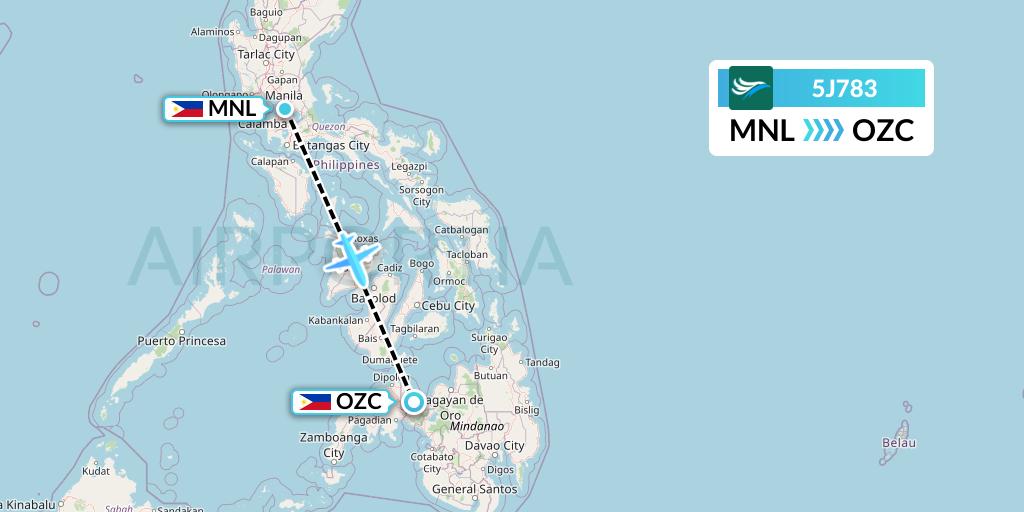 5J783 CEBU Pacific Air Flight Map: Manila to Ozamiz