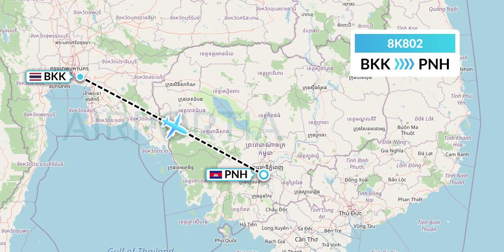 8K802 K-Mile Air Flight Map: Bangkok to Phnom Penh