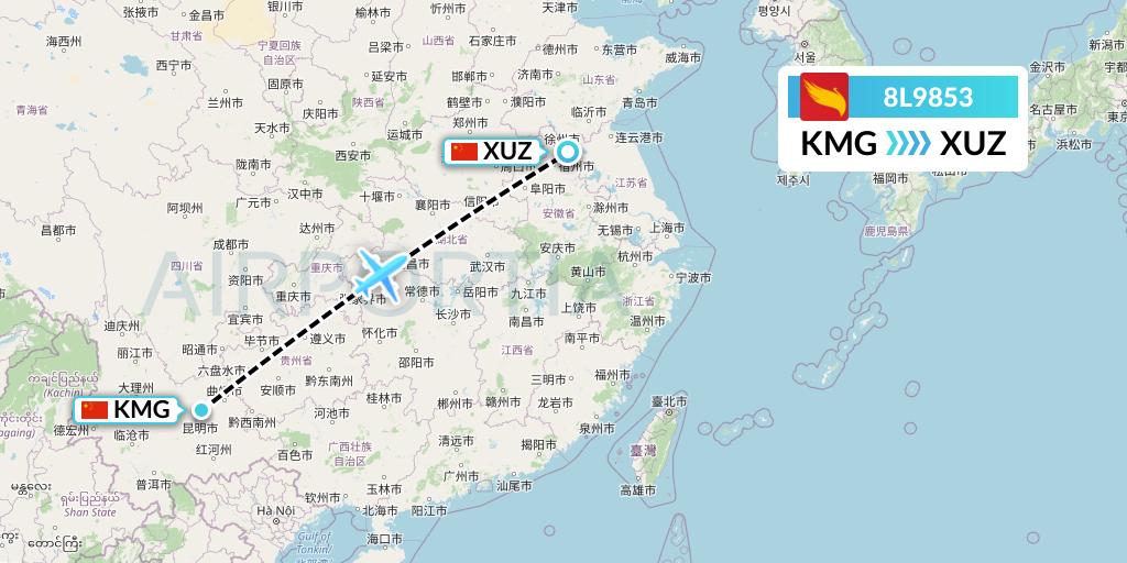 8L9853 Lucky Air Flight Map: Kunming to Xuzhou