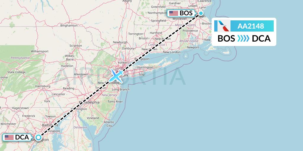 AA2148 American Airlines Flight Map: Boston to Washington