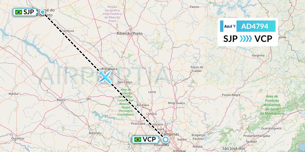 AD4794 Azul Brazilian Airlines Flight Map: Sao Jose Do Rio Preto to Campinas