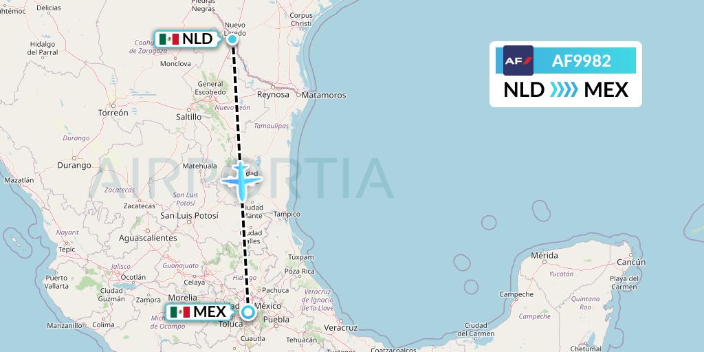 AF9982 Air France Flight Map: Nuevo Laredo to Mexico City