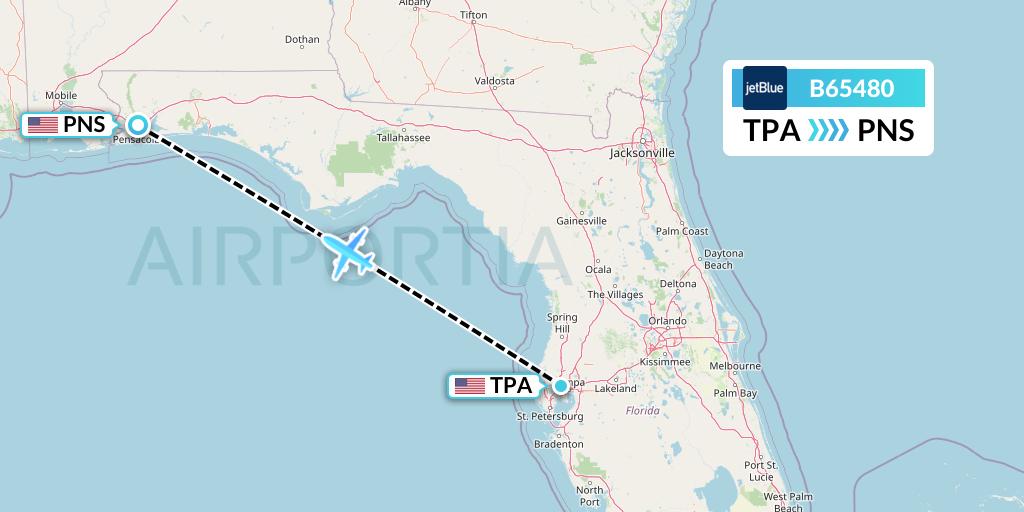 B65480 JetBlue Airways Flight Map: Tampa to Pensacola