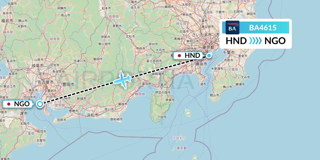 BA4615 British Airways Flight Map: Tokyo to Nagoya