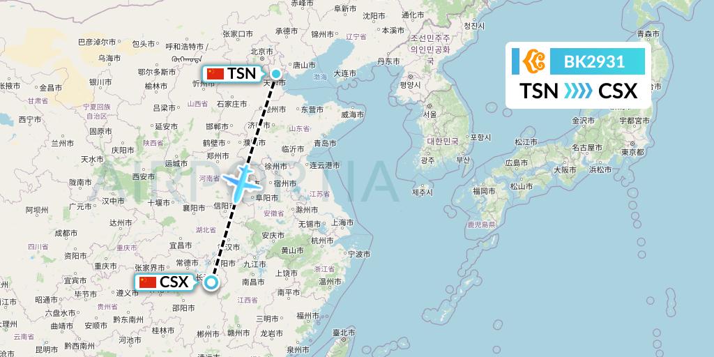 BK2931 Okay Airways Flight Map: Tianjin to Changsha