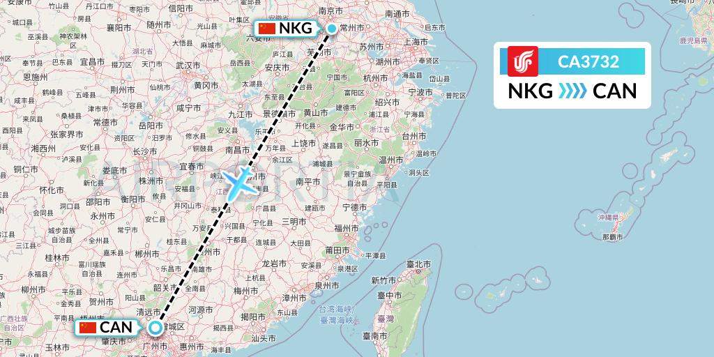 CA3732 Air China Flight Map: Nanjing to Guangzhou