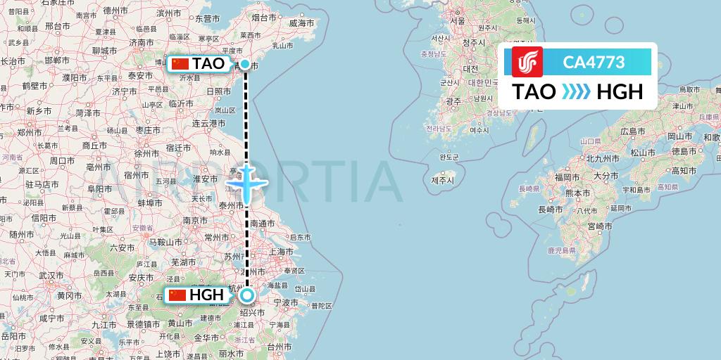 CA4773 Air China Flight Map: Qingdao to Hangzhou