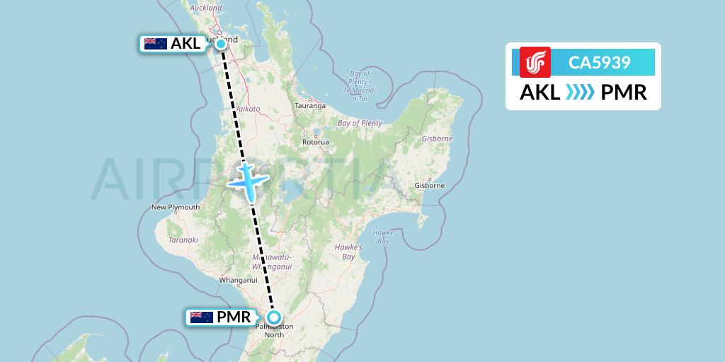 CA5939 Air China Flight Map: Auckland to Palmerston North