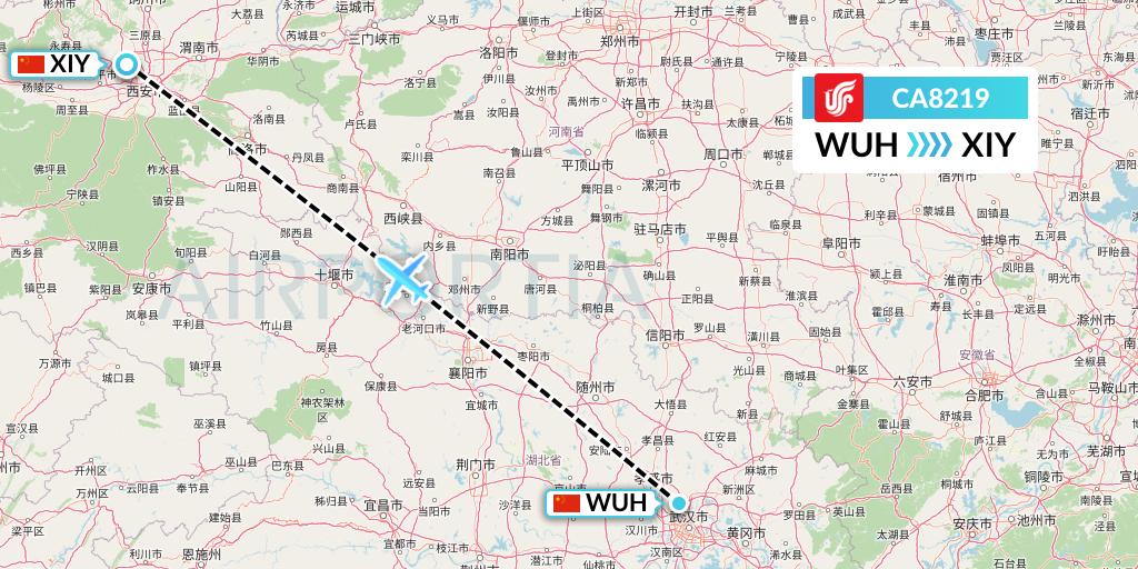 CA8219 Air China Flight Map: Wuhan to Xi'an