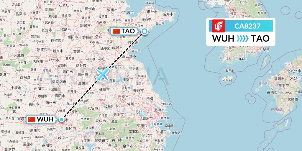 CA8237 Air China Flight Map: Wuhan to Qingdao