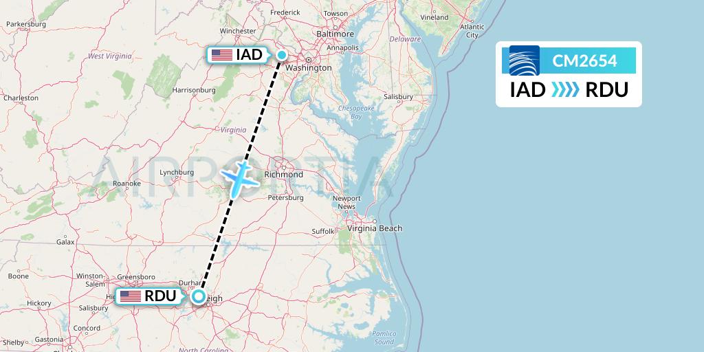 CM2654 Copa Airlines Flight Map: Washington to Raleigh-Durham