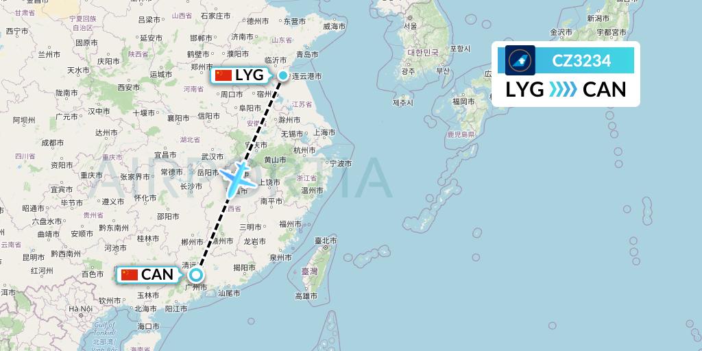 CZ3234 China Southern Airlines Flight Map: Lianyungang to Guangzhou