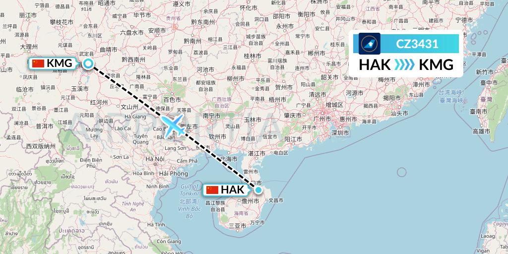 CZ3431 China Southern Airlines Flight Map: Haikou to Kunming