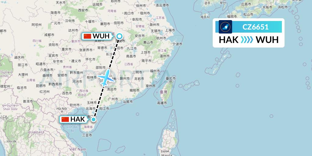 CZ6651 China Southern Airlines Flight Map: Haikou to Wuhan