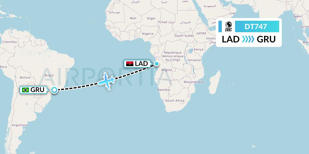 DT747 TAAG Angola Airlines Flight Map: Luanda to Sao Paulo