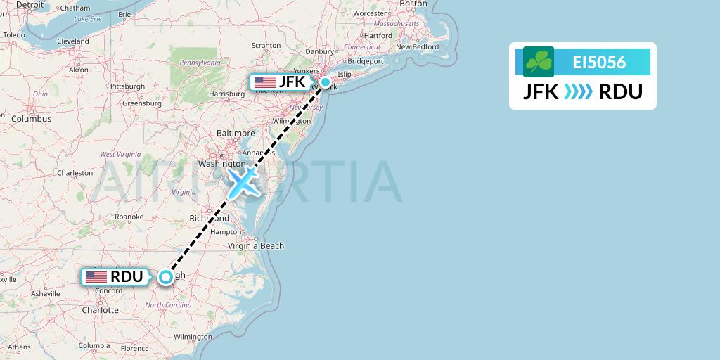 EI5056 Aer Lingus Flight Map: New York to Raleigh-Durham