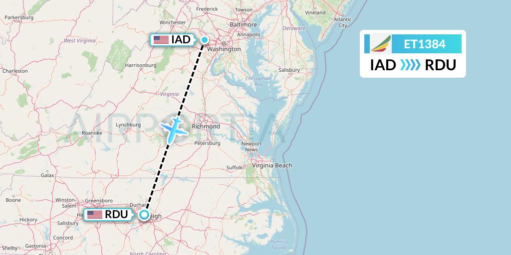 ET1384 Ethiopian Airlines Flight Map: Washington to Raleigh-Durham