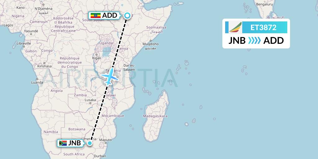 ET3872 Ethiopian Airlines Flight Map: Johannesburg to Addis Ababa
