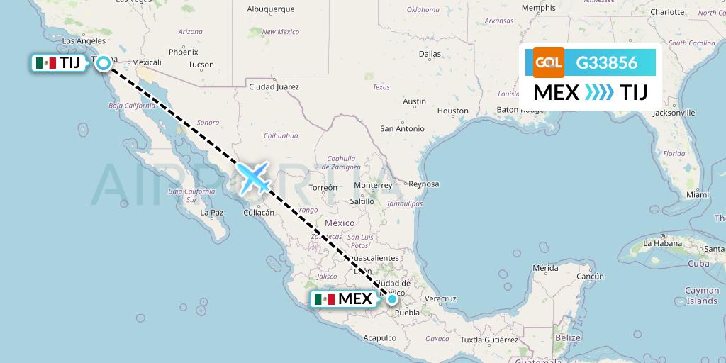 G33856 GOL Transportes Aeros Flight Map: Mexico City to Tijuana
