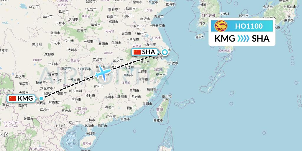 HO1100 Juneyao Airlines Flight Map: Kunming to Shanghai