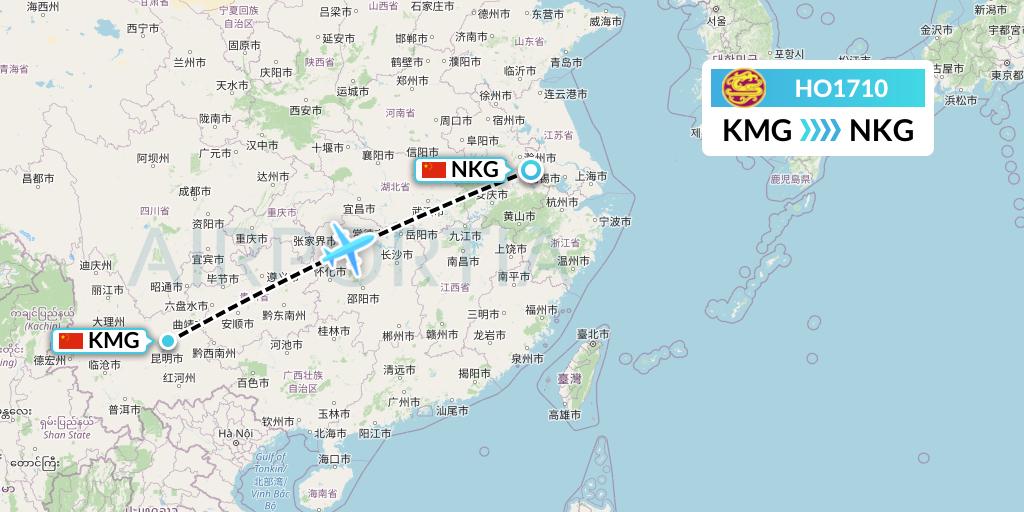 HO1710 Juneyao Airlines Flight Map: Kunming to Nanjing