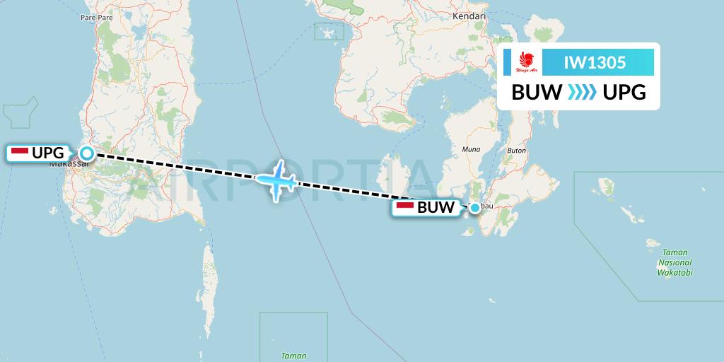 IW1305 Wings Air Flight Map: Bau-Bau to Makassar