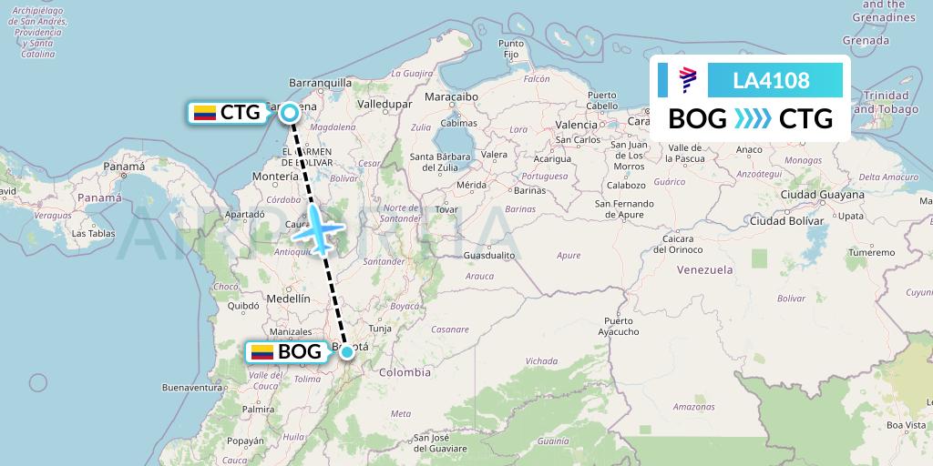 LA4108 LAN Airlines Flight Map: Bogota to Cartagena