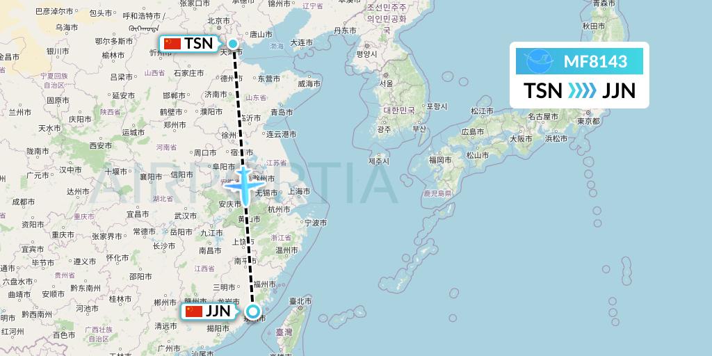 MF8143 Xiamen Airlines Flight Map: Tianjin to Jinjiang