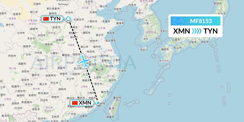 MF8153 Xiamen Airlines Flight Map: Xiamen to Taiyuan