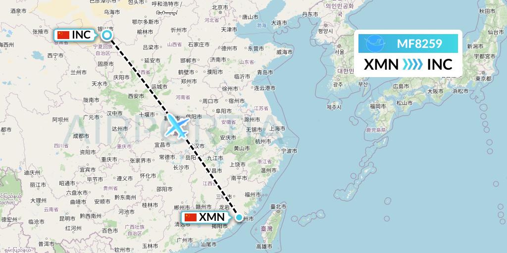 MF8259 Xiamen Airlines Flight Map: Xiamen to Yinchuan