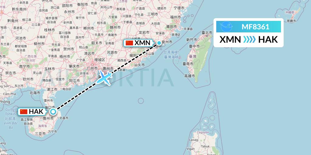 MF8361 Xiamen Airlines Flight Map: Xiamen to Haikou