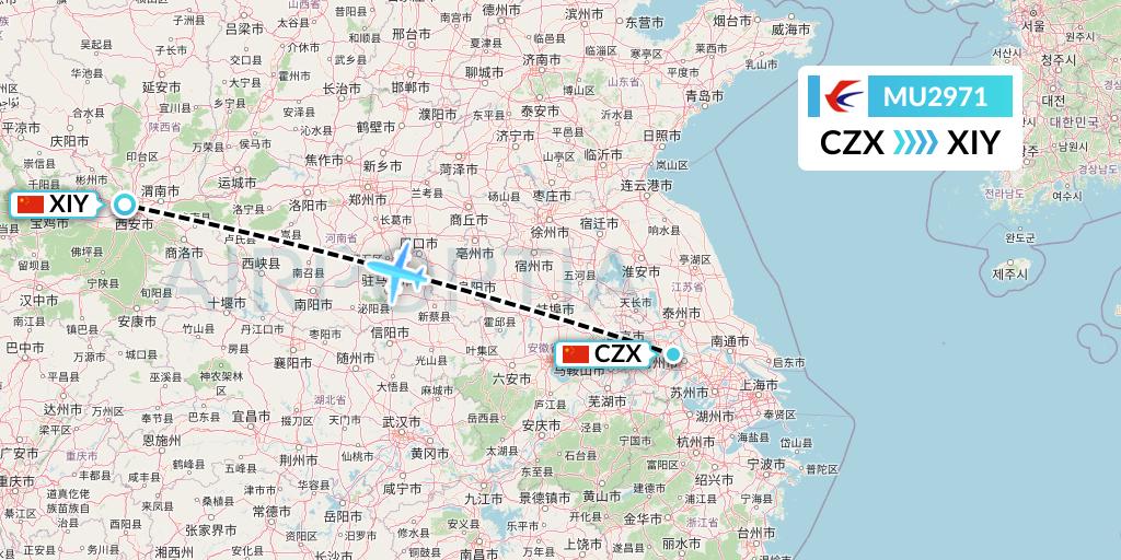 MU2971 China Eastern Airlines Flight Map: Changzhou to Xi'an
